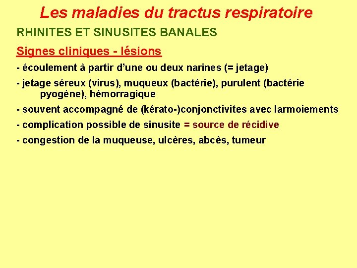 Les maladies du tractus respiratoire RHINITES ET SINUSITES BANALES Signes cliniques - lésions -