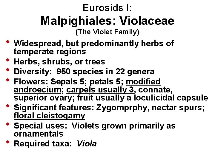Eurosids I: Malpighiales: Violaceae (The Violet Family) • Widespread, but predominantly herbs of temperate