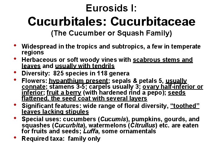 Eurosids I: Cucurbitales: Cucurbitaceae (The Cucumber or Squash Family) • • Widespread in the
