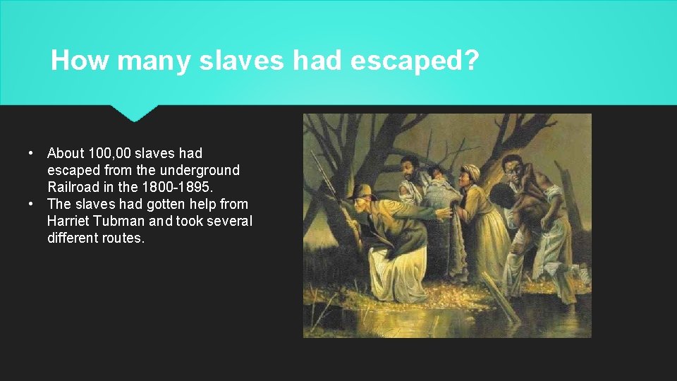 How many slaves had escaped? • About 100, 00 slaves had escaped from the