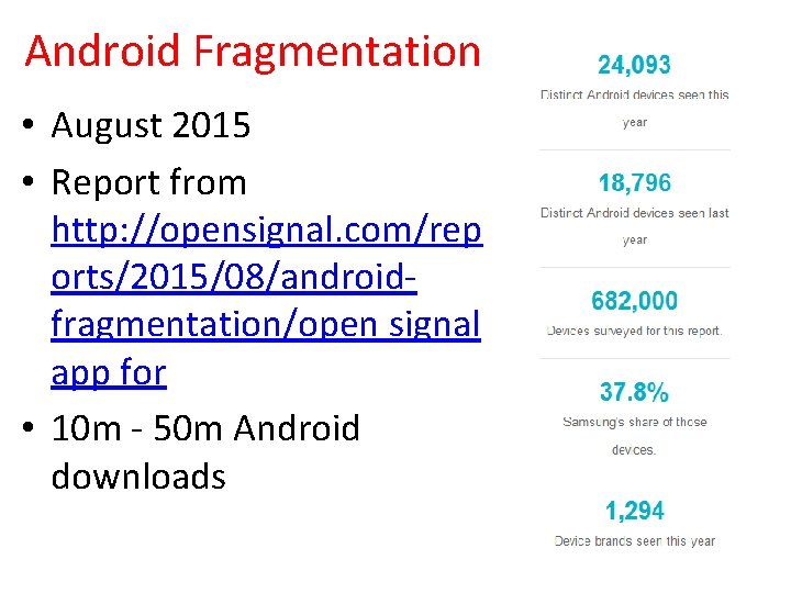 Android Fragmentation • August 2015 • Report from http: //opensignal. com/rep orts/2015/08/androidfragmentation/open signal app