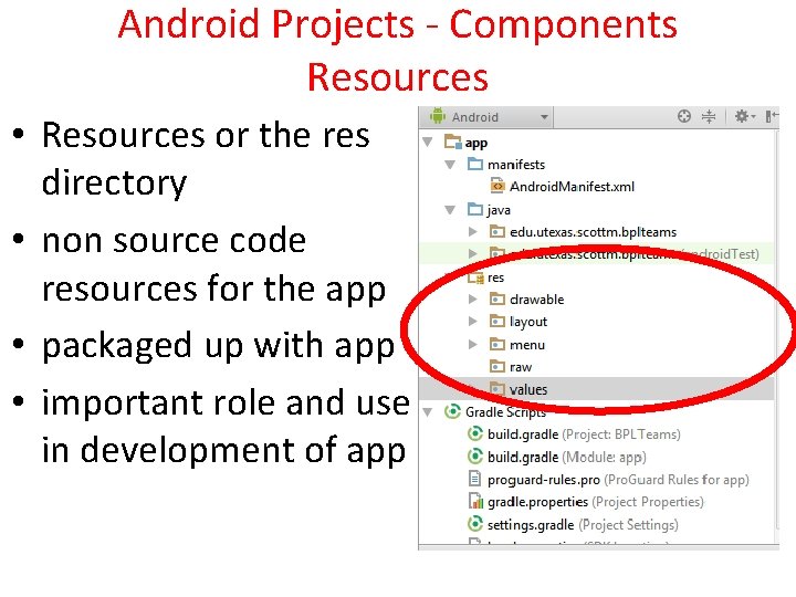 Android Projects - Components Resources • Resources or the res directory • non source