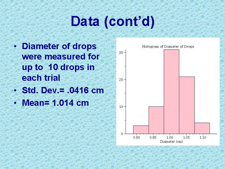 Data (cont’d) • Diameter of drops were measured for up to 10 drops in