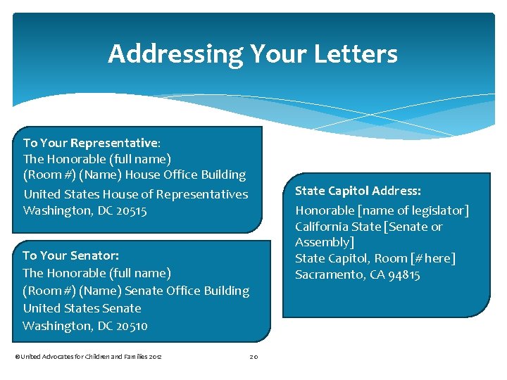 Addressing Your Letters To Your Representative: The Honorable (full name) (Room #) (Name) House