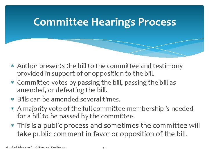 Committee Hearings Process Author presents the bill to the committee and testimony provided in
