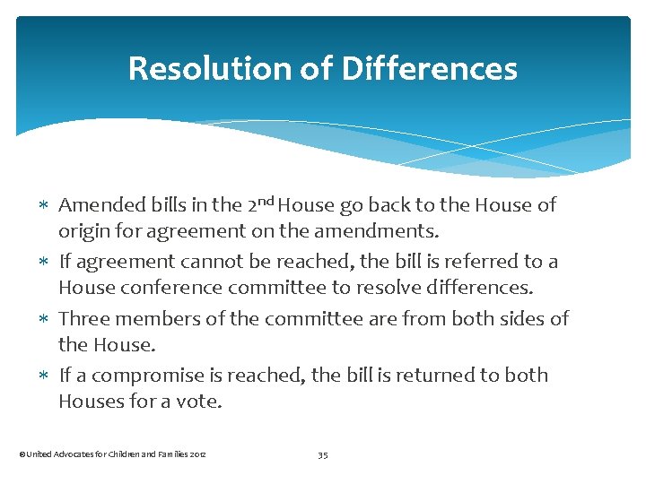Resolution of Differences Amended bills in the 2 nd House go back to the