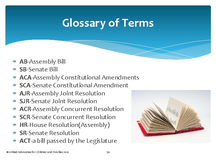 Glossary of Terms AB-Assembly Bill SB-Senate Bill ACA-Assembly Constitutional Amendments SCA-Senate Constitutional Amendment AJR-Assembly
