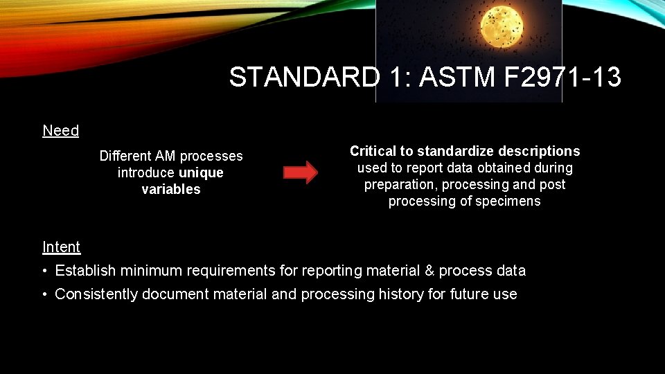 STANDARD 1: ASTM F 2971 -13 Need Different AM processes introduce unique variables Critical