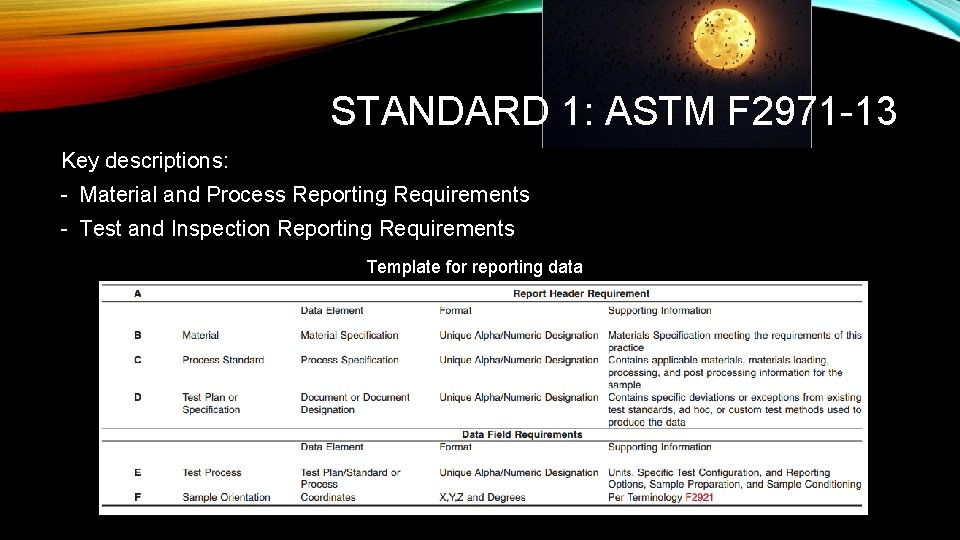 STANDARD 1: ASTM F 2971 -13 Key descriptions: - Material and Process Reporting Requirements