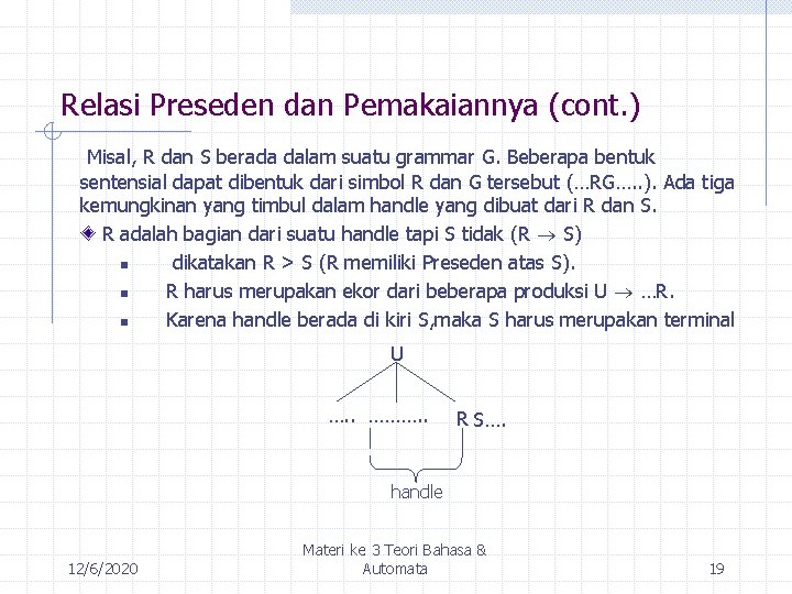 Relasi Preseden dan Pemakaiannya (cont. ) Misal, R dan S berada dalam suatu grammar