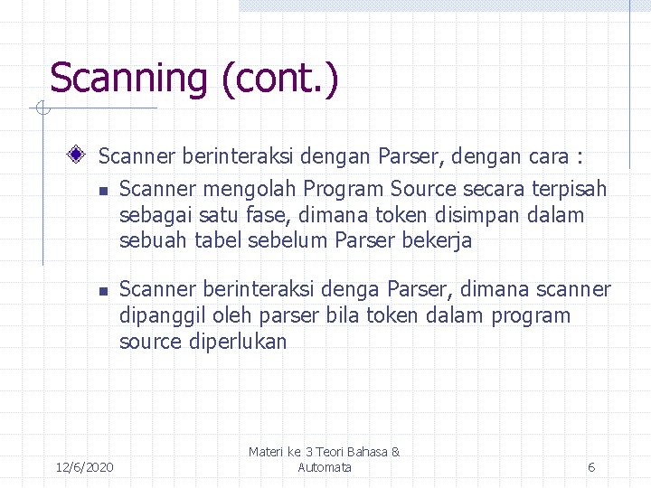 Scanning (cont. ) Scanner berinteraksi dengan Parser, dengan cara : n Scanner mengolah Program