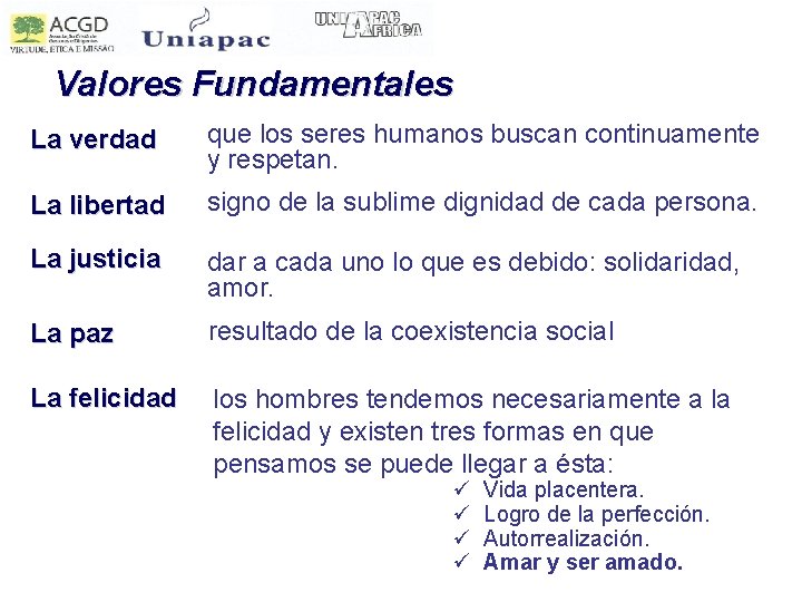 Valores Fundamentales La verdad que los seres humanos buscan continuamente y respetan. La libertad