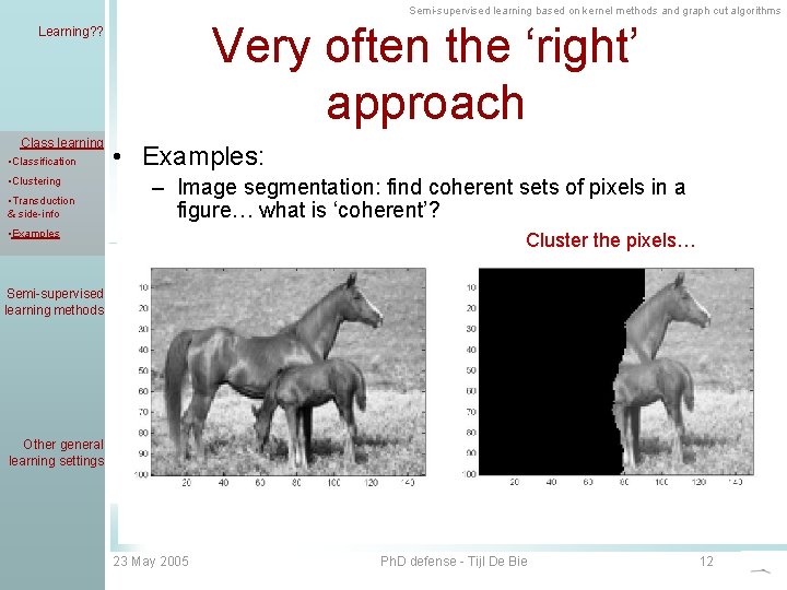 Semi-supervised learning based on kernel methods and graph cut algorithms Very often the ‘right’