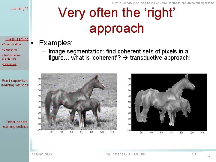 Semi-supervised learning based on kernel methods and graph cut algorithms Very often the ‘right’