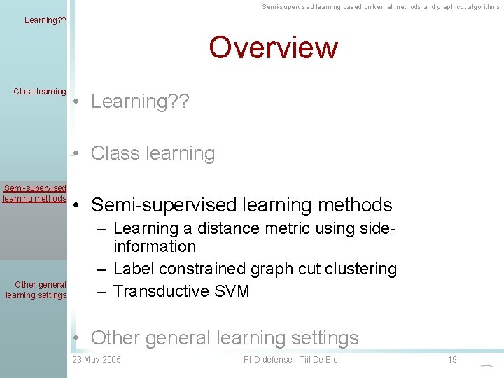 Semi-supervised learning based on kernel methods and graph cut algorithms Learning? ? Overview Class