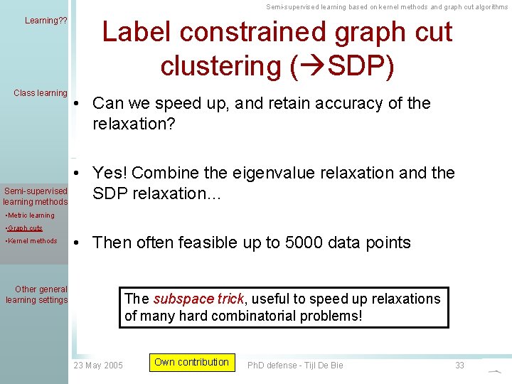 Semi-supervised learning based on kernel methods and graph cut algorithms Learning? ? Class learning