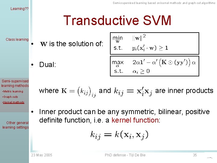 Semi-supervised learning based on kernel methods and graph cut algorithms Learning? ? Transductive SVM