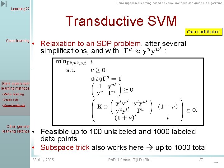 Semi-supervised learning based on kernel methods and graph cut algorithms Learning? ? Transductive SVM