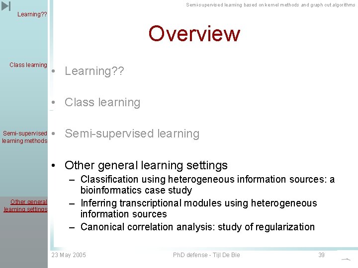 Semi-supervised learning based on kernel methods and graph cut algorithms Learning? ? Overview Class
