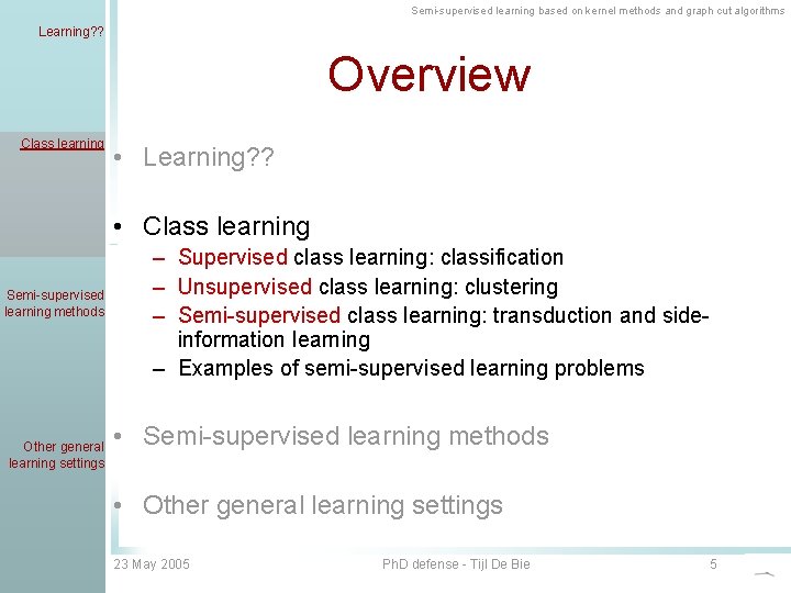 Semi-supervised learning based on kernel methods and graph cut algorithms Learning? ? Overview Class