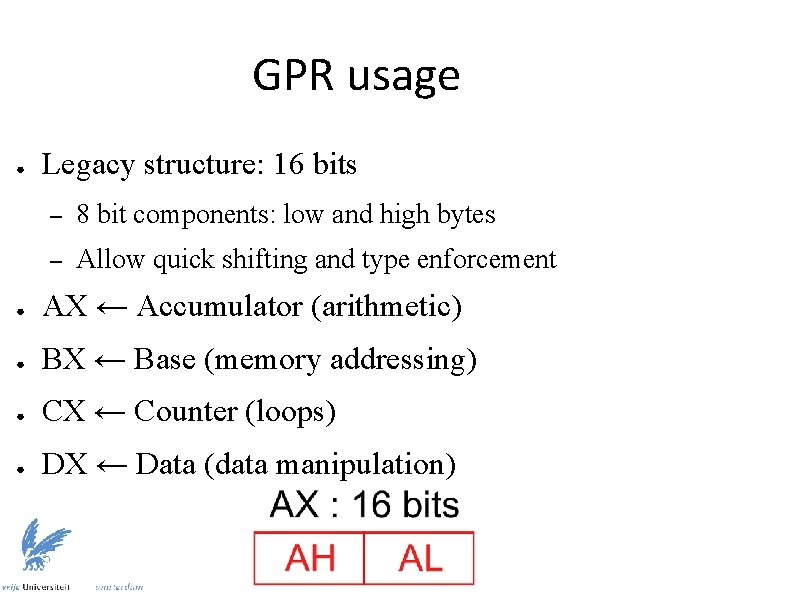 GPR usage ● Legacy structure: 16 bits – 8 bit components: low and high