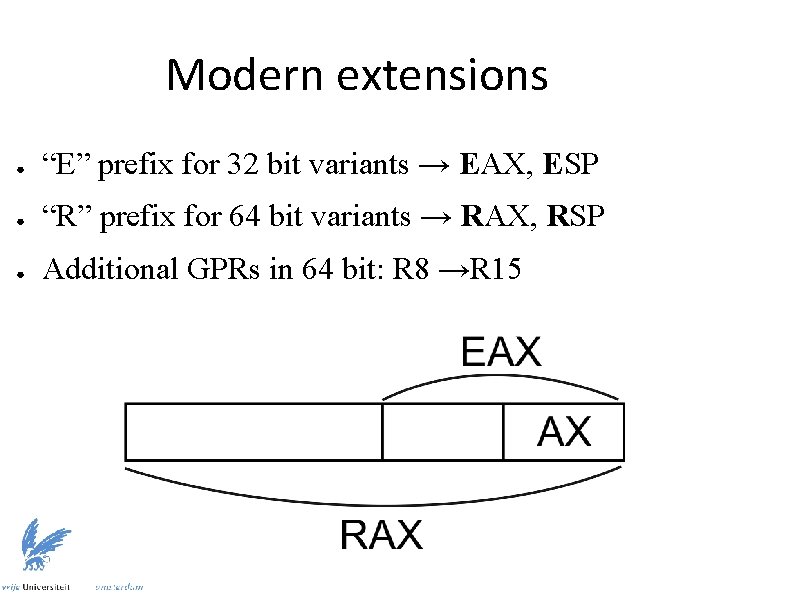 Modern extensions ● “E” prefix for 32 bit variants → EAX, ESP ● “R”