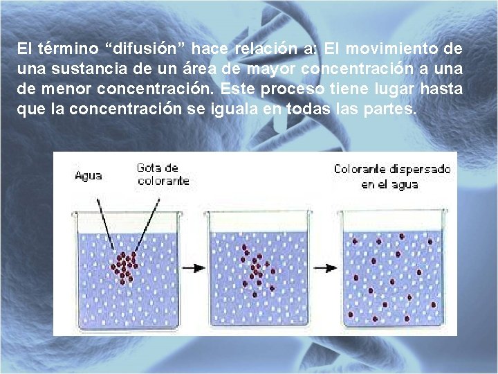 El término “difusión” hace relación a: El movimiento de una sustancia de un área