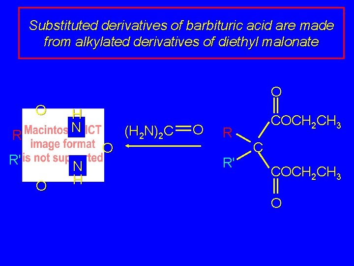 Substituted derivatives of barbituric acid are made from alkylated derivatives of diethyl malonate O
