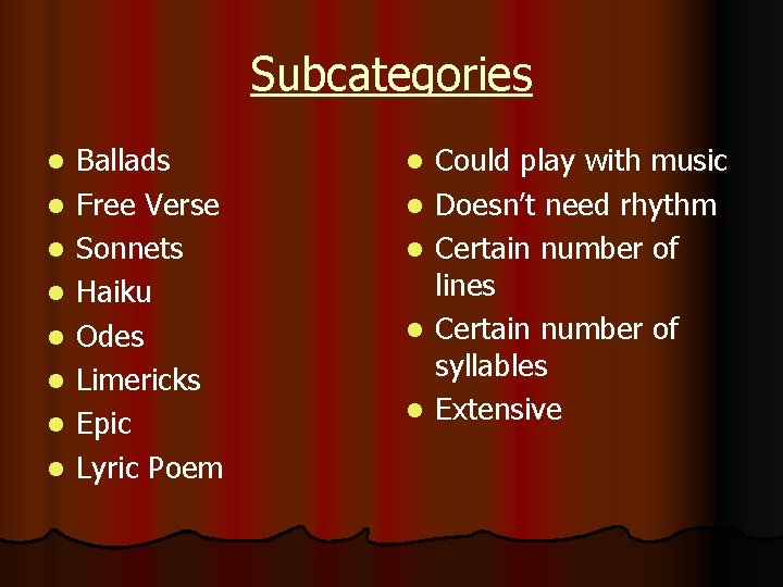 Subcategories l l l l Ballads Free Verse Sonnets Haiku Odes Limericks Epic Lyric