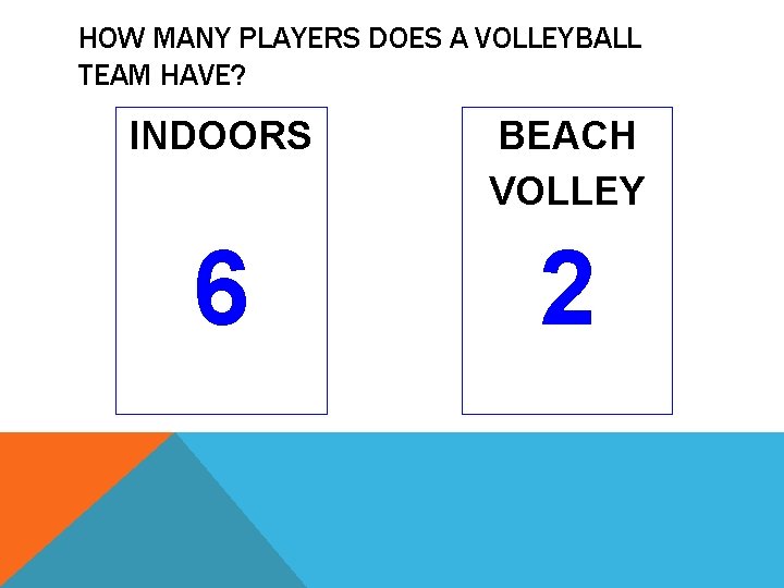 HOW MANY PLAYERS DOES A VOLLEYBALL TEAM HAVE? INDOORS BEACH VOLLEY 6 2 