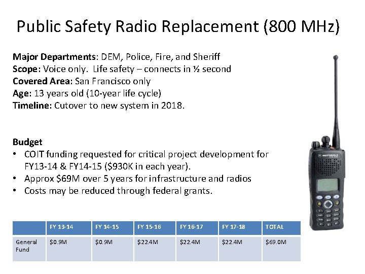 Public Safety Radio Replacement (800 MHz) Major Departments: DEM, Police, Fire, and Sheriff Scope: