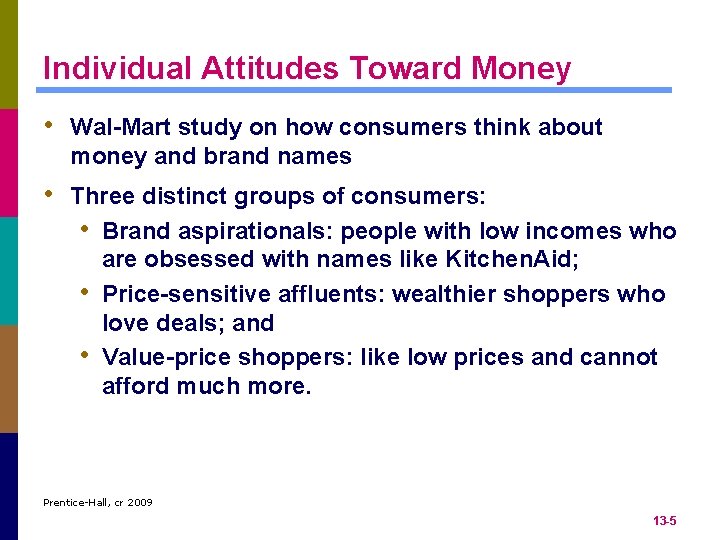 Individual Attitudes Toward Money • Wal-Mart study on how consumers think about money and