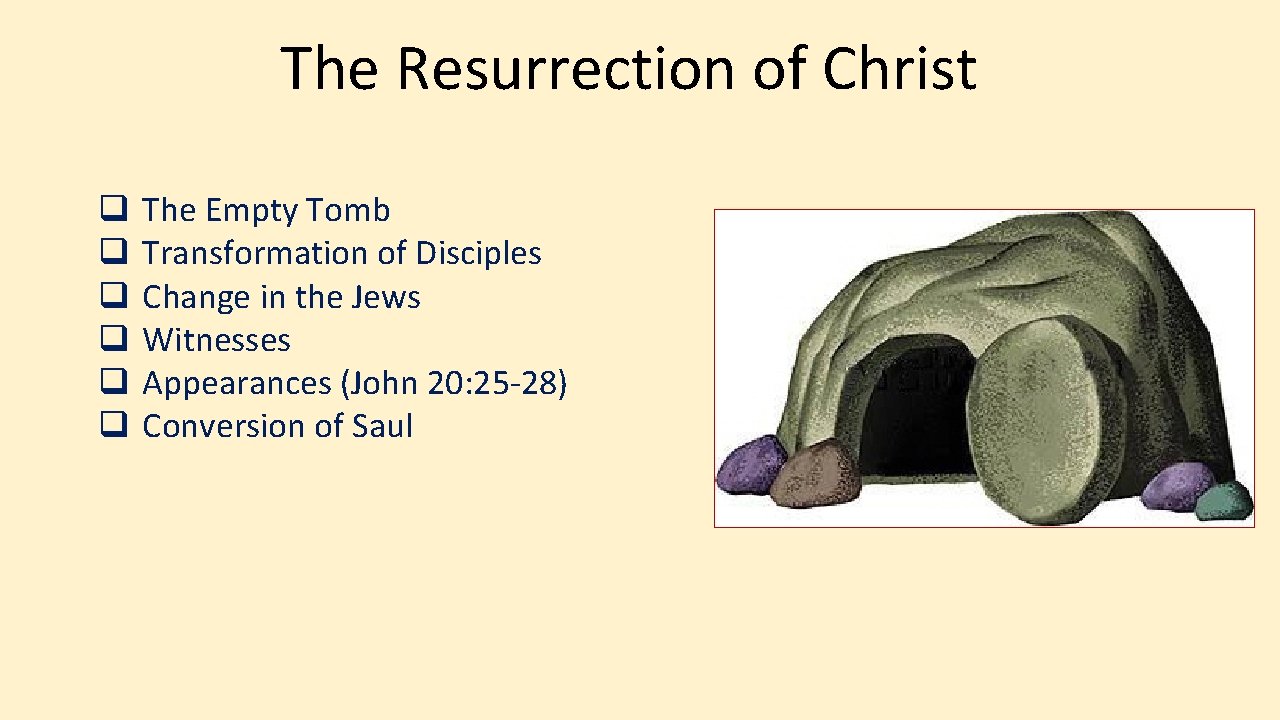 The Resurrection of Christ q q q The Empty Tomb Transformation of Disciples Change