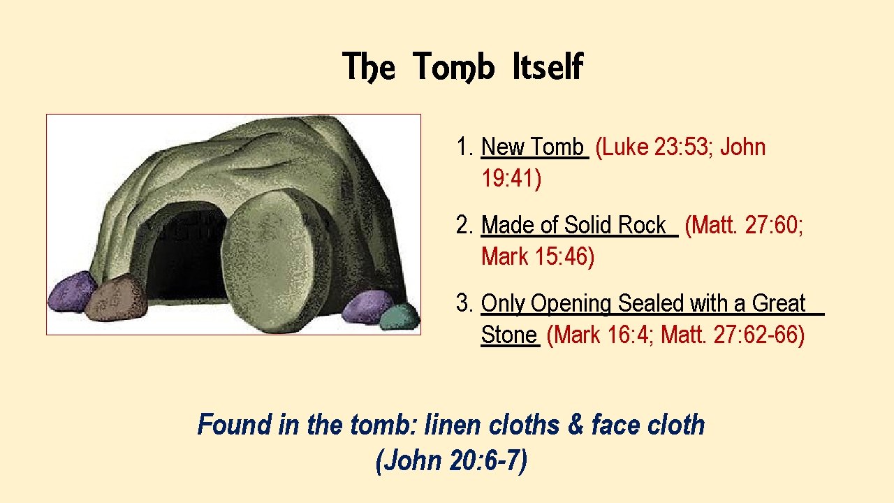The Tomb Itself 1. New Tomb (Luke 23: 53; John 19: 41) 2. Made
