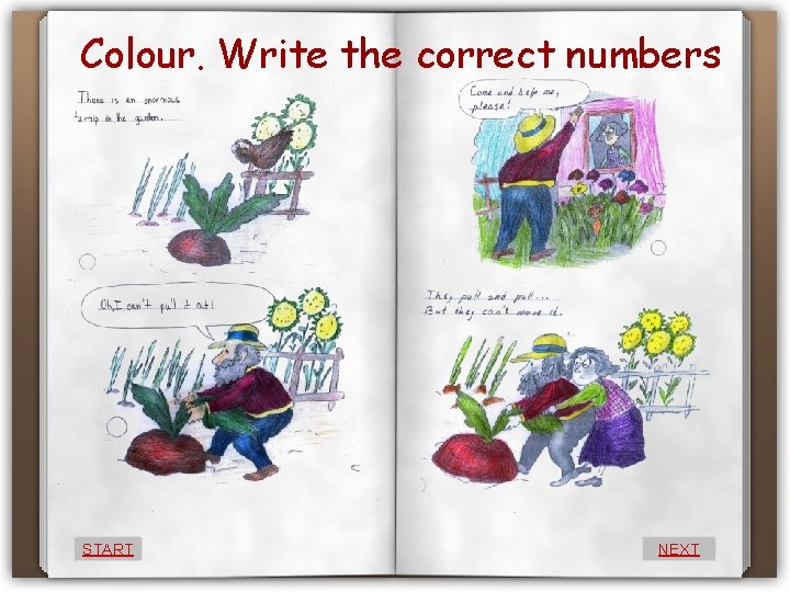 Colour. Write the correct numbers START NEXT 