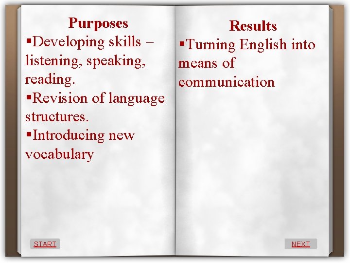 Purposes Results §Developing skills – §Turning English into listening, speaking, means of reading. communication