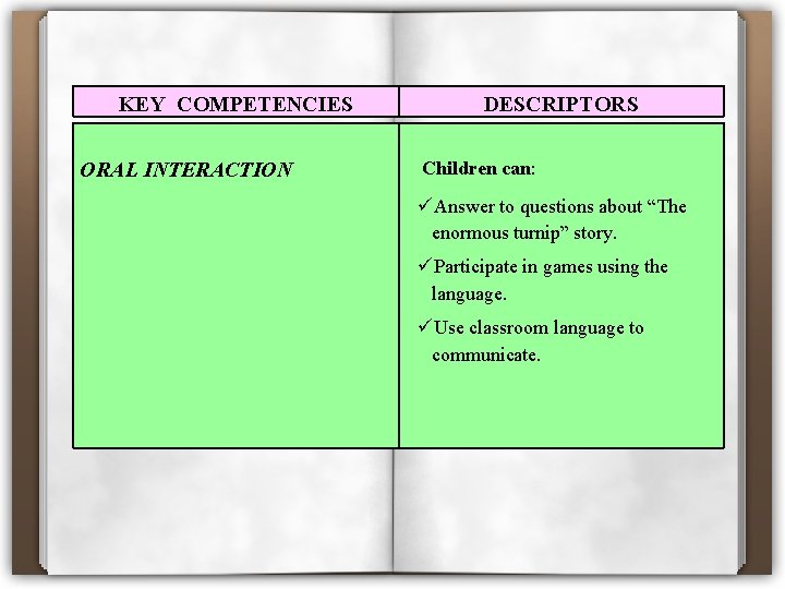 KEY COMPETENCIES ORAL INTERACTION DESCRIPTORS Children can: Answer to questions about “The enormous turnip”