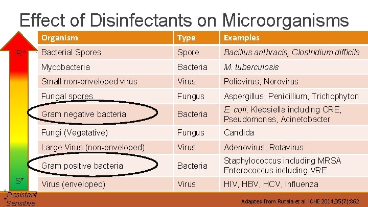 Effect of Disinfectants on Microorganisms R^ S* ^Resistant *Sensitive Organism Type Examples Bacterial Spores