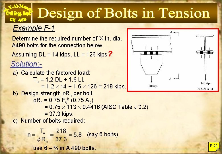 Example F-1 Determine the required number of ¾ in. dia. A 490 bolts for