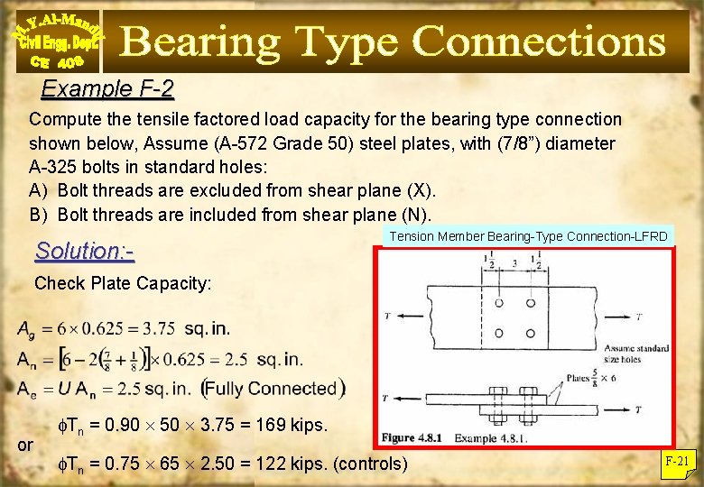 Example F-2 Compute the tensile factored load capacity for the bearing type connection shown