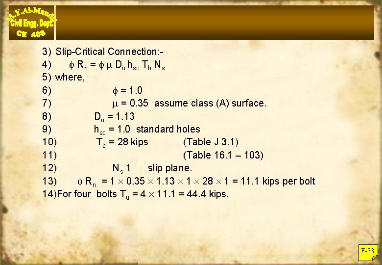 3) Slip-Critical Connection: 4) Rn = Du hsc Tb Ns 5) where, 6) =