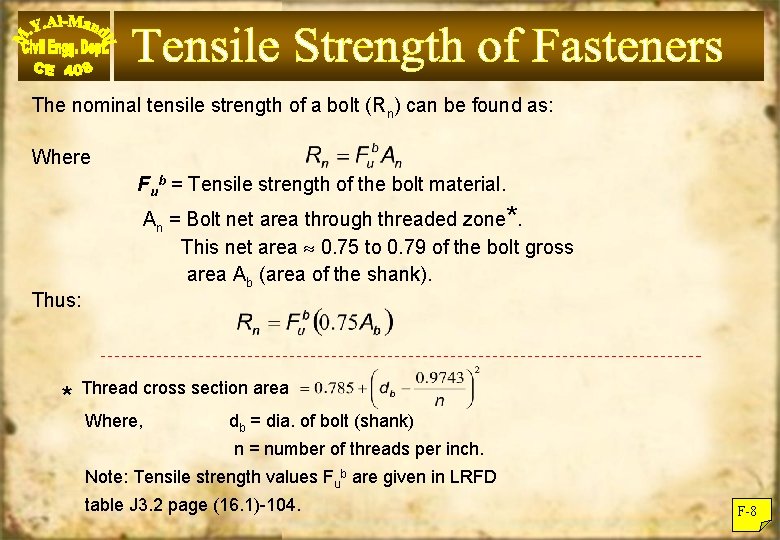 The nominal tensile strength of a bolt (Rn) can be found as: Where Fub