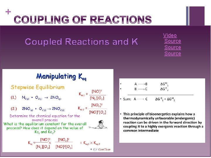 + Coupled Reactions and K Video Source Manipulation Equilibrium constants (K) Free energy, enthalpy