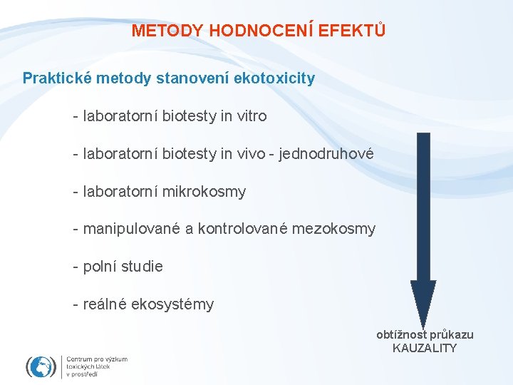 METODY HODNOCENÍ EFEKTŮ Praktické metody stanovení ekotoxicity - laboratorní biotesty in vitro - laboratorní