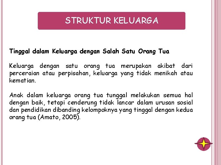 STRUKTUR KELUARGA Tinggal dalam Keluarga dengan Salah Satu Orang Tua Keluarga dengan satu orang