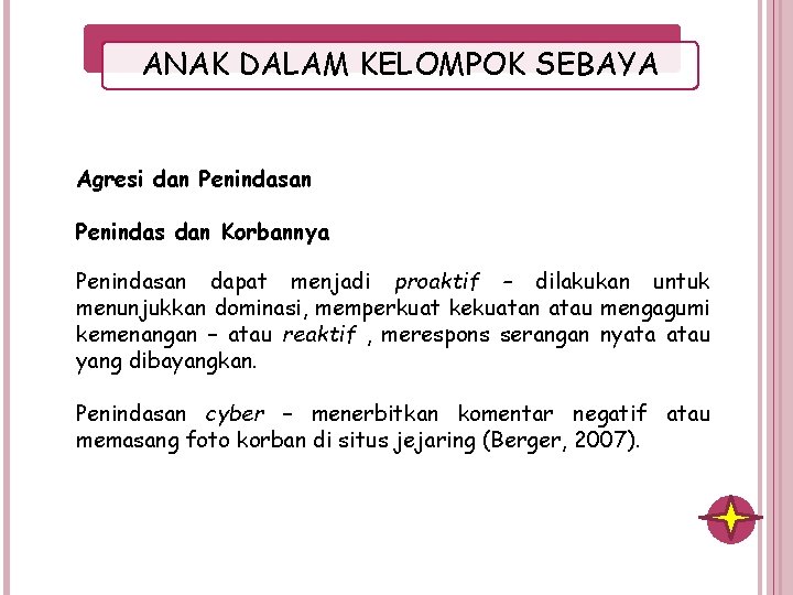 ANAK DALAM KELOMPOK SEBAYA Agresi dan Penindas dan Korbannya Penindasan dapat menjadi proaktif –