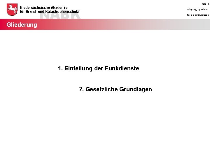 NABK Niedersächsische Akademie für Brand- und Katastrophenschutz Gliederung 1. Einteilung der Funkdienste 2. Gesetzliche