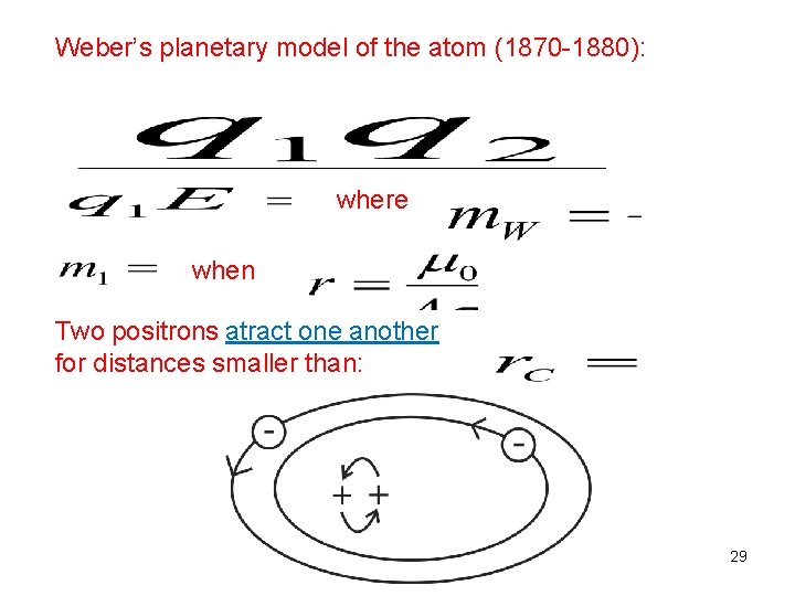 Weber’s planetary model of the atom (1870 -1880): where when Two positrons atract one