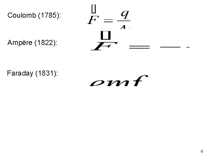 Coulomb (1785): Ampère (1822): Faraday (1831): 4 