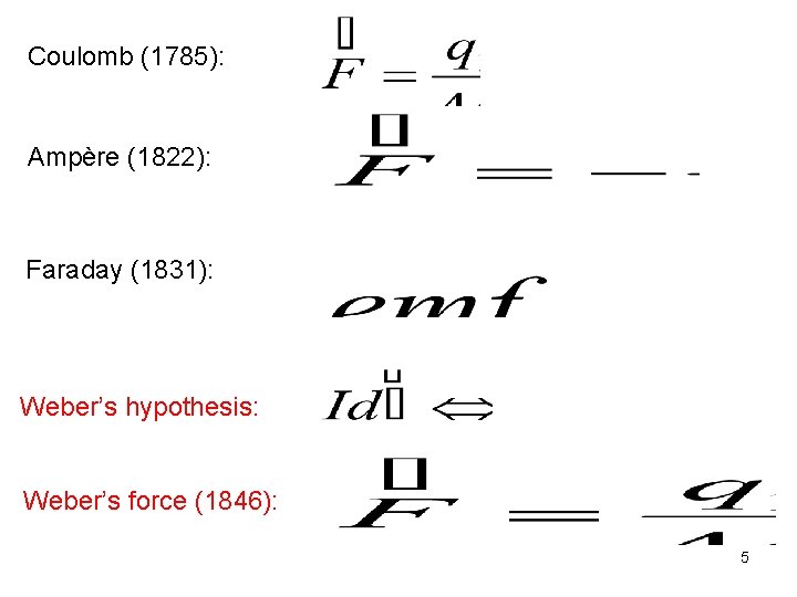 Coulomb (1785): Ampère (1822): Faraday (1831): Weber’s hypothesis: Weber’s force (1846): 5 